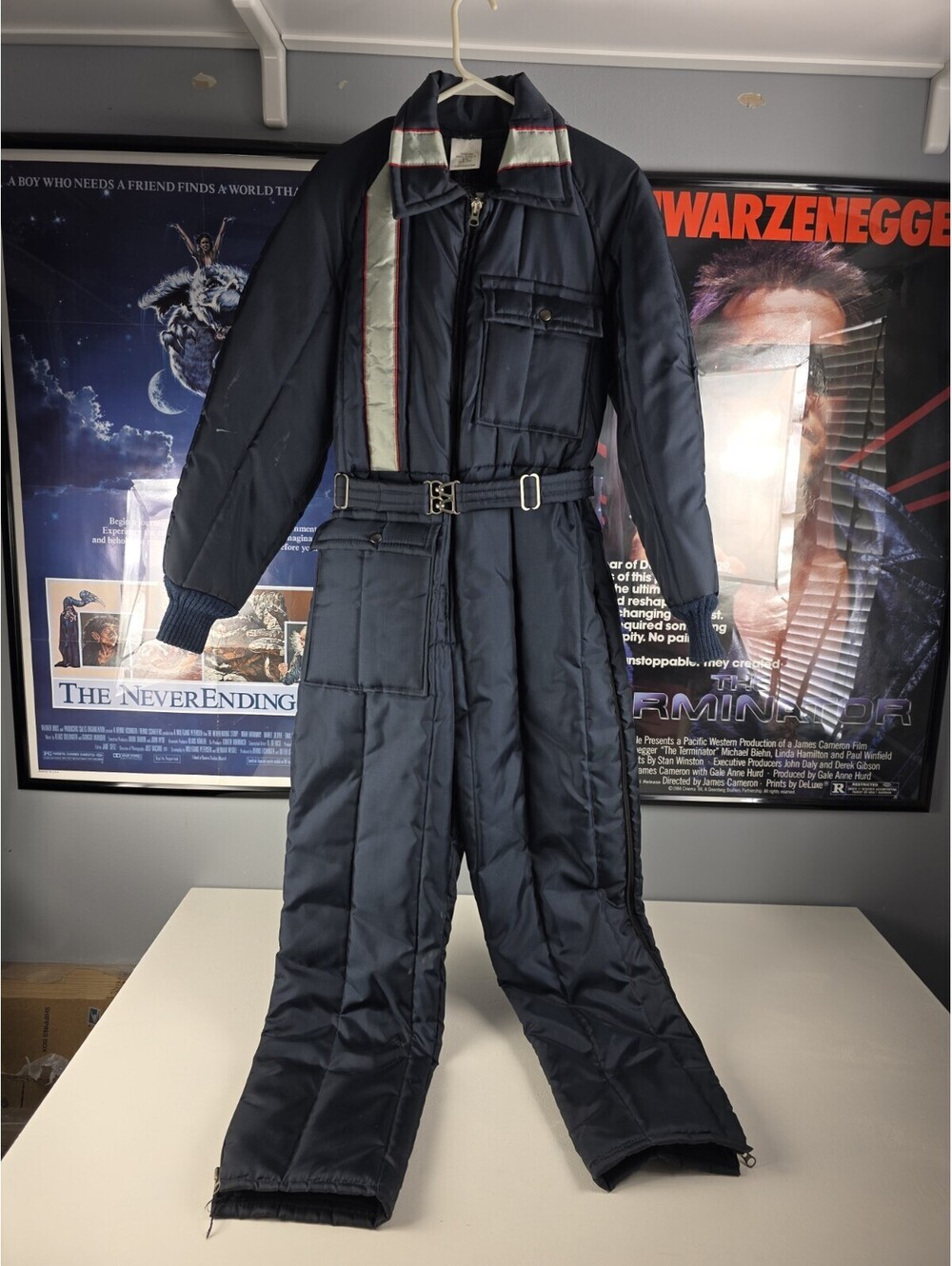 Vtg Bass Pro shops Out Doors Jumpsuit Insulated 2Way Zip Belted Navy Blue S 8-10